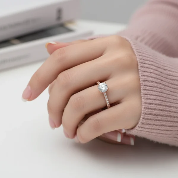 Timeless Round Solitaire Promise Ring Hand Model Pink